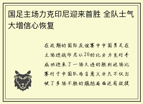 国足主场力克印尼迎来首胜 全队士气大增信心恢复