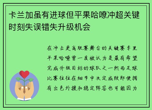 卡兰加虽有进球但平果哈嘹冲超关键时刻失误错失升级机会